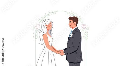 Bride and groom exchange vows under a beautiful archway. Perfect for wedding invitations, bridal magazines, and marriagerelated graphics.