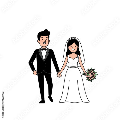 Bride and groom holding hands on their wedding day. Suitable for wedding invitations, blogs, social media posts, and marriagerelated content.