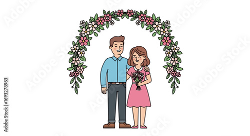 Couple beneath floral arch, perfect for wedding themes, invitations, and romantic celebrations with a natural backdrop. Ideal for event planners.