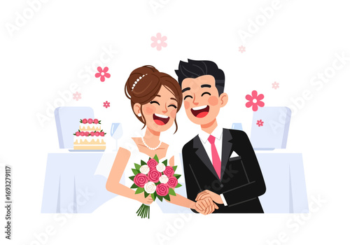 Joyful newlyweds share a sweet moment at their wedding reception, posing beside a beautiful cake. Ideal for weddingrelated content.