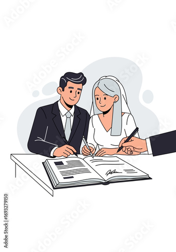 Groom, bride, and officiant signing marriage license. Suitable for wedding, marriage, ceremony, officiant, legal, relationship, signing, celebration concepts.