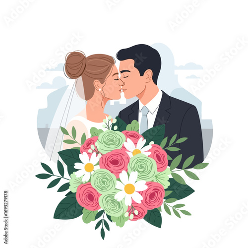 Romantic couple sharing a kiss amidst vibrant flowers. Ideal for wedding invitations, greeting cards, blogs, and articles on love.