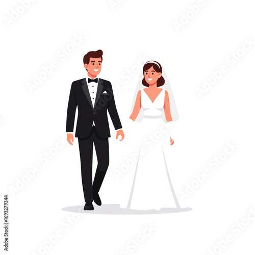 Smiling bride and groom in wedding attire. Suitable for invitations, wedding websites, blogs, events, and social media posts.