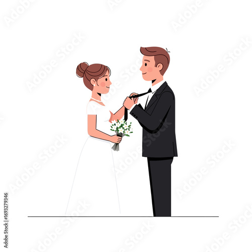 Bride fixing grooms tie on their wedding day, symbolizing partnership and love. Ideal for wedding photography, relationship themes.
