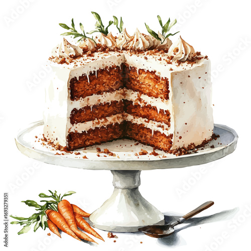 watercolor vector of Carrot Cake, isolated on a white background.