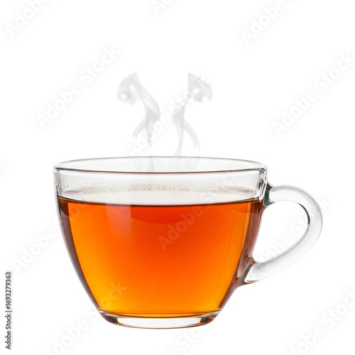 Warm amber tea steams invitingly from a clear glass cup, offering a moment of comforting refreshment and relaxation for a peaceful break.
