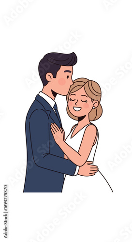 Wedding photo of groom kissing smiling bride. Romantic, love, marriage, celebration, happiness, relationships, bridal, groomsmen, wedding reception, vow renewal, ceremony.