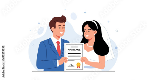 Happy newlywed couple holding up marriage certificate, perfect for wedding announcements, marriage counseling, relationship advice, wedding blogs, marriage websites.