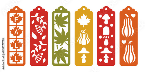 Vertical bookmarks with fall patterns. Vector autumn design with pumpkins, mushrooms, leaves and branches. Laser cut template. Decorative bookmark stencil for paper, wood and metal cutting