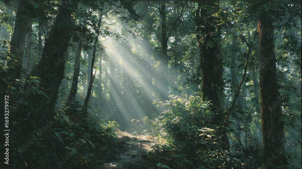 Obraz premium Sunlight path through forest