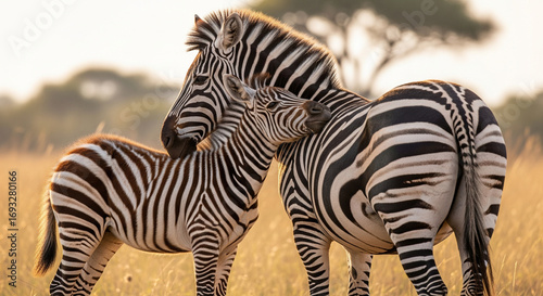 Tender zebra mother nuzzles foal in warm golden savanna light, capturing wild family bond