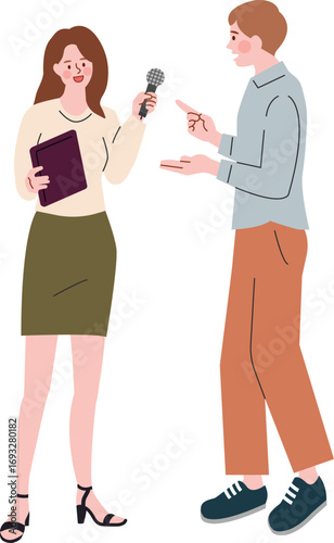 Interview in progress with a reporter and a man, illustration