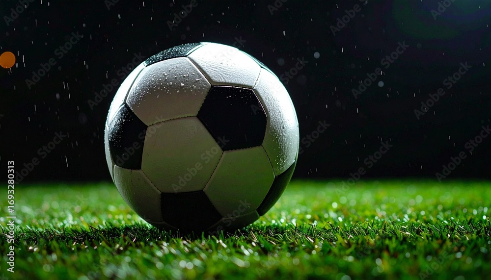 Fototapeta premium Dramatic close-up of a classic soccer ball resting on a wet, manicured grass pitch under stadium lights at night