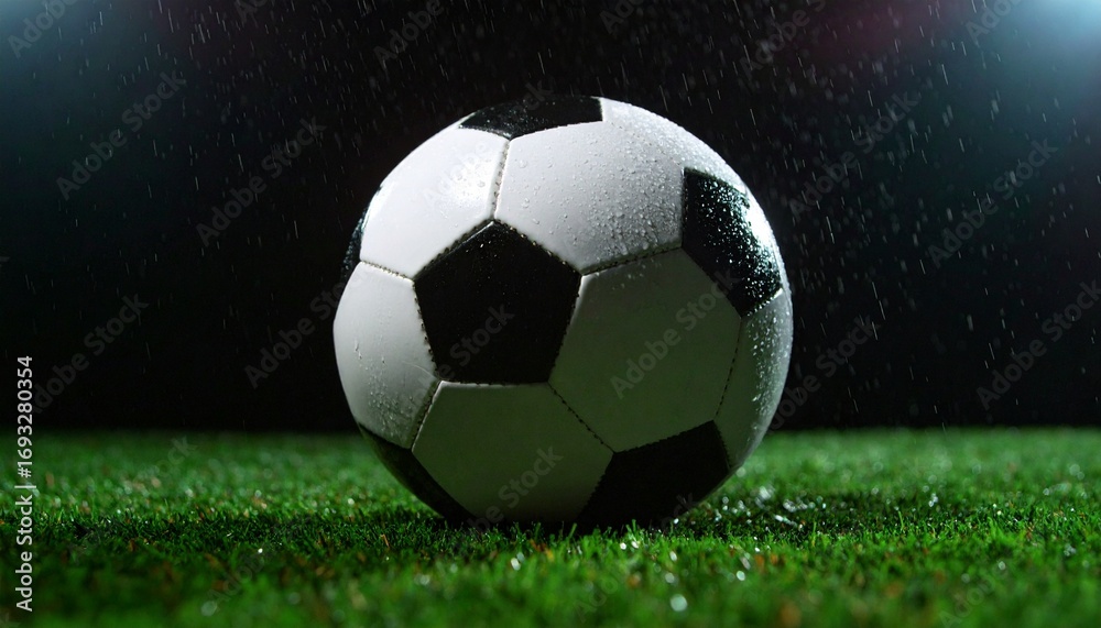 Fototapeta premium Dramatic close-up of a wet soccer ball on a rain-soaked grassy pitch under bright stadium floodlights at night