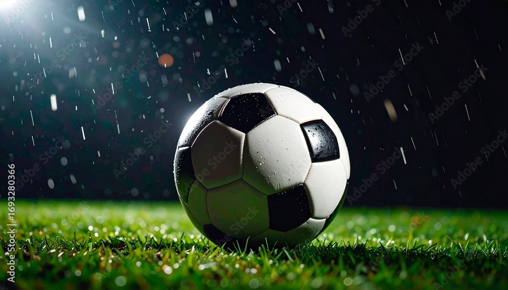 Fototapeta premium An iconic soccer ball resting on the vibrant green turf of a stadium field, caught in a dramatic downpour under bright spotlights at night