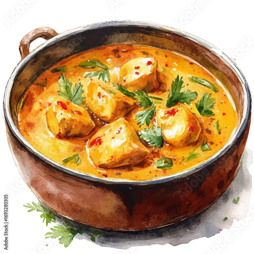 watercolor of Butter Chicken, vector, isolated on a white background.