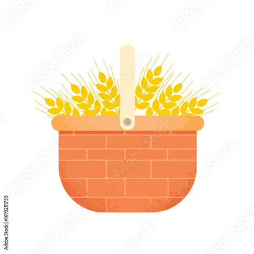 vector illustration of a wicker picnic basket filled with golden wheat sheaves as a symbol of the Thanksgiving harvest.