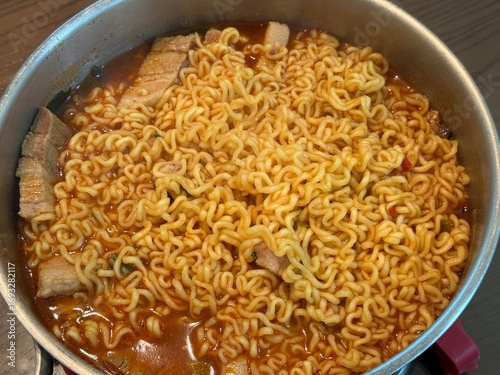 Korean Instant Ramen with Pork Belly Topping in Pot