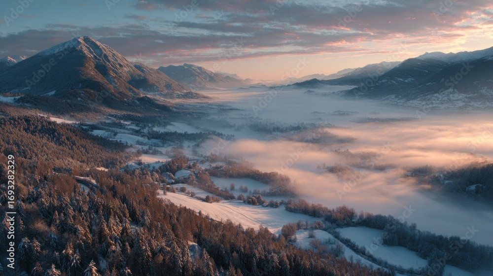 Fototapeta premium Winter mountain valley sunrise