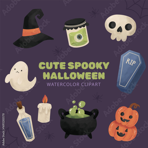 Watercolor Cute Spooky Halloween Elements