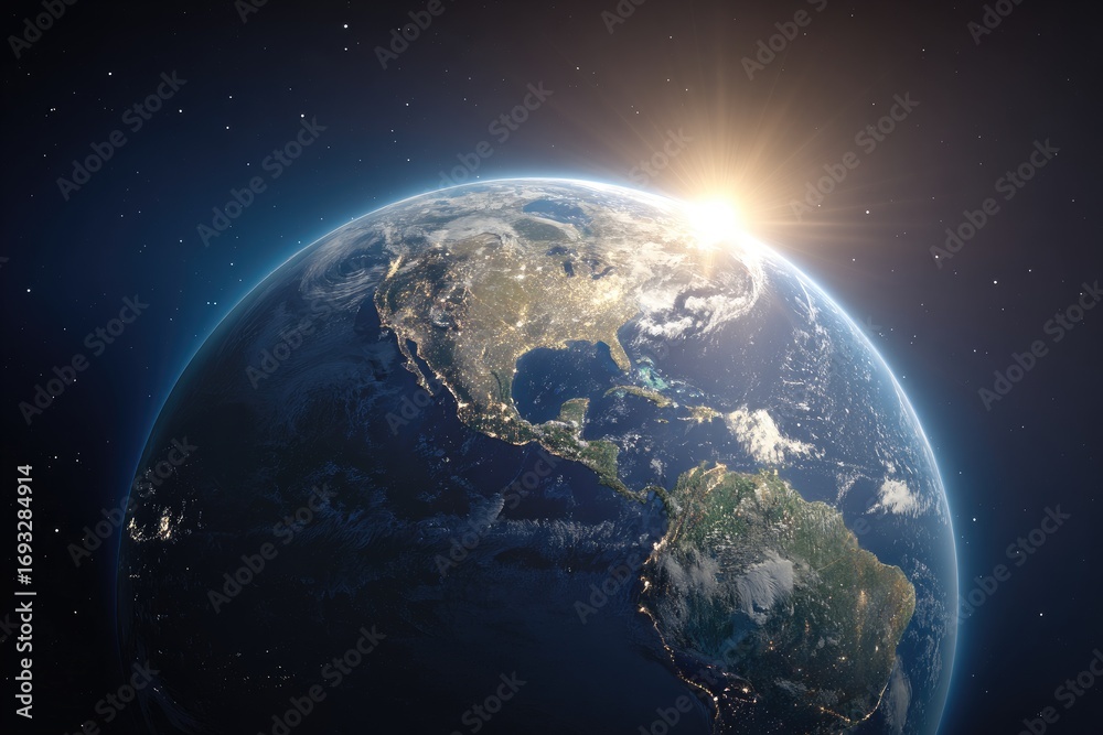 Fototapeta premium Earth seen from space, sunrise over the Americas