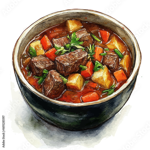 Beef Stew, watercolor vector, isolated on a white background.