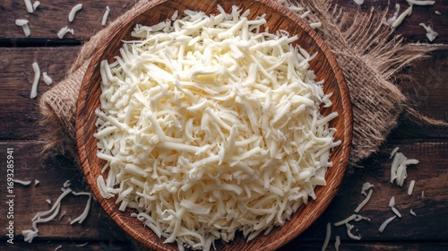 Shredded cheese in wooden bowl on rustic table