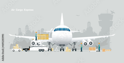 Workers are arranging cargo for air transportation at the airport.