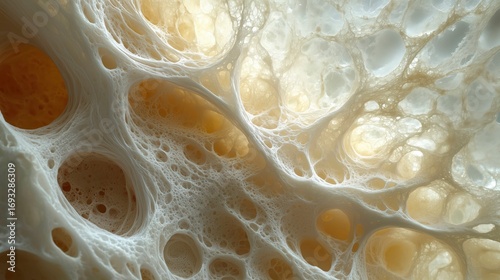 Close-up abstract of a porous, honeycomb-like organic structure with fibrous filaments and warm, glowing beige tones.