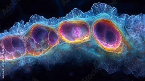 Vivid microscopic-style image of glowing, multicolored cellular structures with neon outlines and textured membranes, evoking biological tissue or abstract cosmic formations.