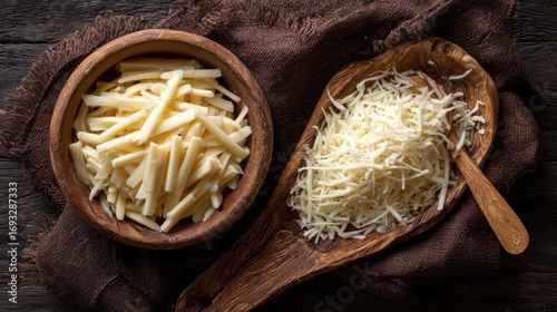 Two wooden bowls of grated cheese