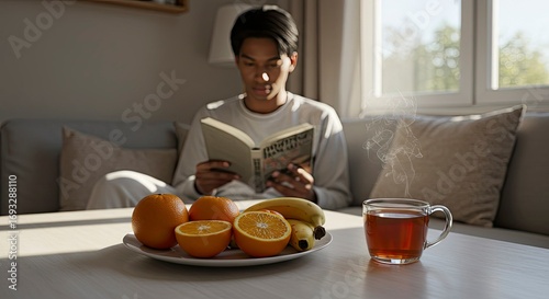 Young Man Reading Book with Fruit and Tea
