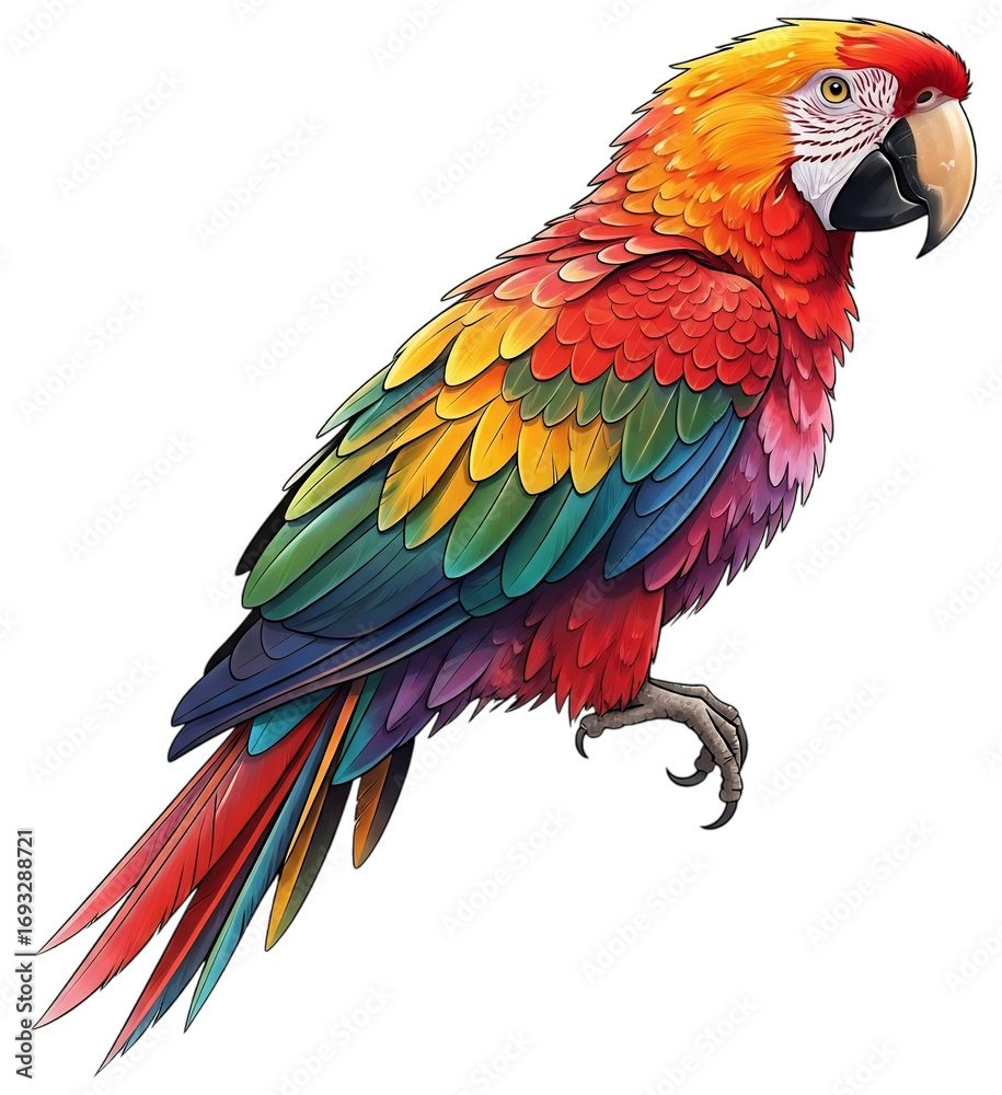 Fototapeta premium Parrot’s Colorful Realm: A vibrant parrot perches gracefully, its plumage a dazzling display of rainbow hues.
