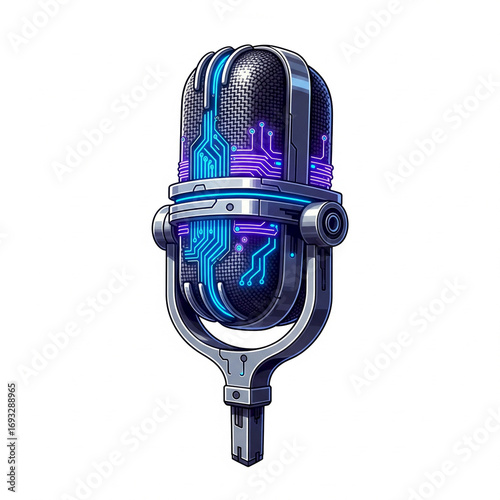 Futuristic microphone with glowing circuit board design, perfect for podcasts and digital audio production