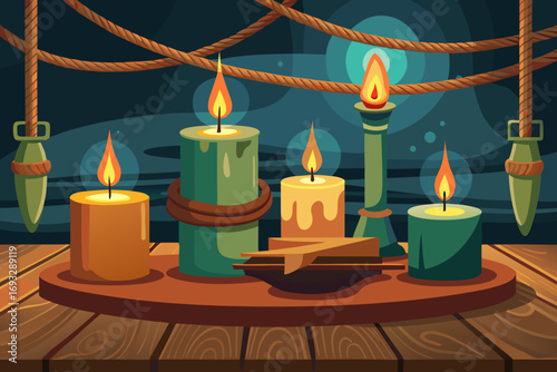 Warm candlelight ambiance creates a cozy and inviting atmosphere for relaxation and comfort
