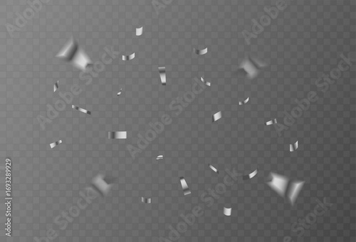 Silver confetti fluttering on a transparent background for celebrations and festive events
