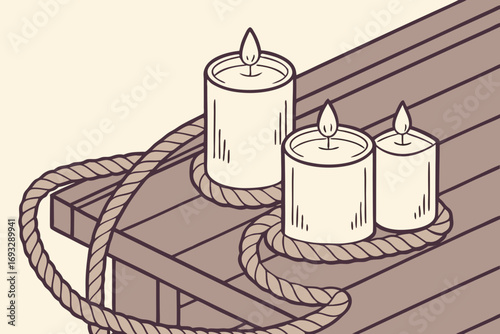 Warm glowing candles and thick rope on rustic wooden deck evoke cozy nautical ambiance
