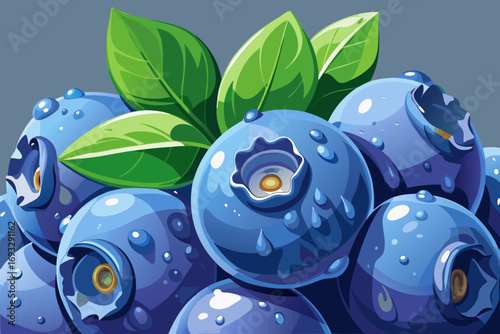 Vibrant fresh blueberries glistening with water droplets surrounded by lush green leaves