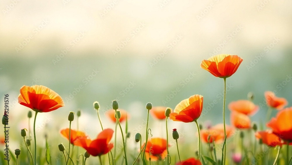 Obraz premium Vibrant orange poppies blooming in a sunlit meadow with soft focus background