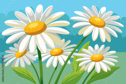 Vibrant daisies bloom brightly under a clear blue sky, bringing joyful springtime energy to any scene.