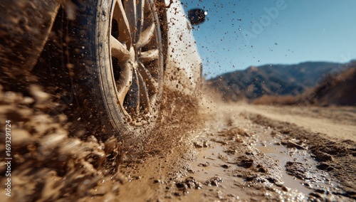 Mud-splattered SUV on a dirt road