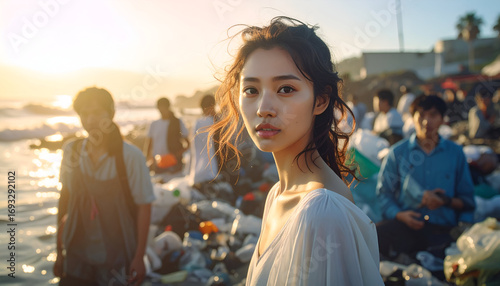 Wallpaper Mural Young woman portrait at sunset with plastic pollution crisis on beach, emotional and thoughtful expression Torontodigital.ca