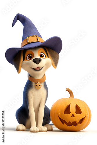 A cheerful dog wearing a witch hat sits beside a carved pumpkin, celebrating Halloween