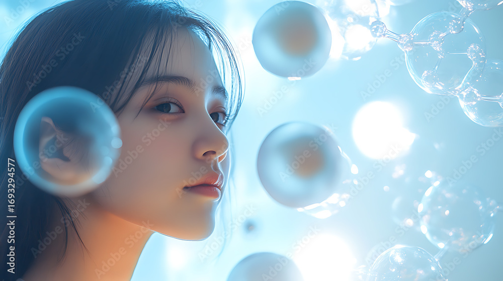 Naklejka premium Futuristic Glass and Water Molecular Designs: A Conceptual Exploration of Advanced Skincare and Cosmetic Innovation, Blending Organic Patterns, Bioluminescence, and Minimalist 3D Aesthetics
