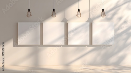Four blank canvas prints hang on a beige wall, illuminated by natural light, casting shadows and creating a serene interior design display.