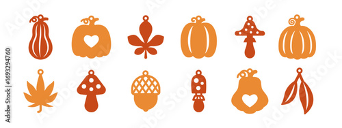 Set of 10 autumn designs for earrings, pendant or keychain. Jewelry silhouette cut template. Laser cutting with leather, wood or metal. Vector stencils