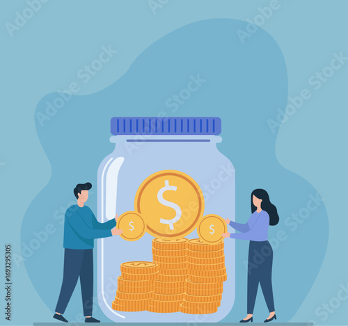 A couple saves money together in a large jar, symbolizing financial planning, joint investment, and building wealth for a secure future
