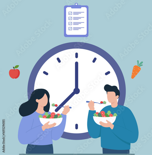 A couple follows a healthy diet schedule, eating salads at a specific time. This illustrates meal planning, timed nutrition, and a healthy lifestyle