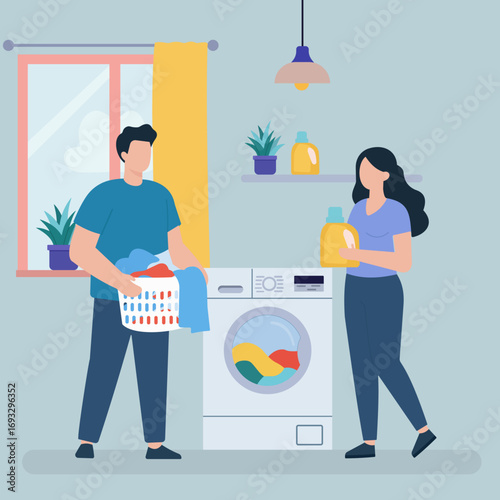 A flat vector illustration of a couple sharing household chores. They are doing laundry together in a modern, bright laundry room