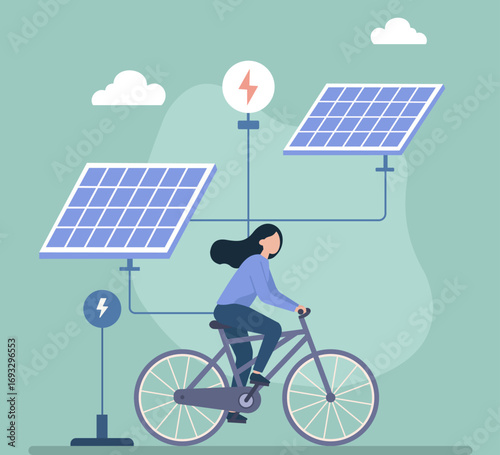 A woman pedals a bike, generating electricity that connects to solar panels, symbolizing sustainable power and green technology